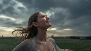 Woman Looking Up at Rainy Sky