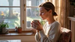 Woman Sipping Coffee Near Window in Soft Morning Light