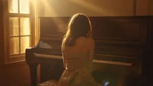 Woman Sitting Beside Piano in Sunlight