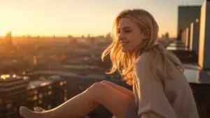 Woman Sitting on Rooftop Edge Watching Sunset