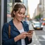 Woman Standing at Bus Stop Checking Her Phone