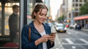 Woman Standing at Bus Stop Checking Her Phone