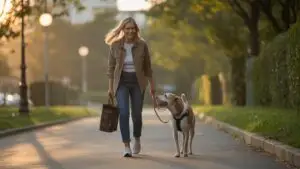 Woman Walking a Dog on a Quiet Street