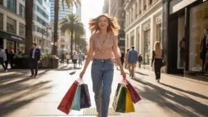 Woman Walking Down Street with Shopping Bags