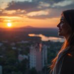 Woman Watching City Sunrise from Apartment