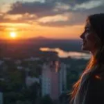 Woman Watching City Sunrise from Apartment