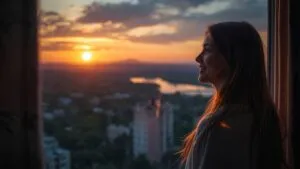 Woman Watching City Sunrise from Apartment
