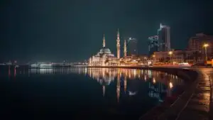 Al Noor Mosque Night Reflection in Sharjah