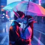 Anime Couple Kissing In Rain Umbrella