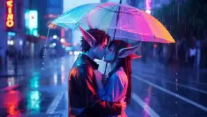 Anime Couple Kissing In Rain Umbrella