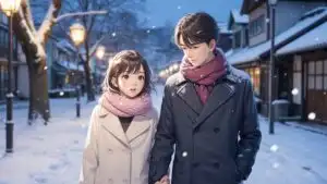 Anime Couple Walking Through Snowy Street
