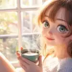 Anime Girl Drinking Coffee by Window Morning Light