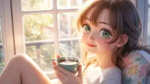 Anime Girl Drinking Coffee by Window Morning Light