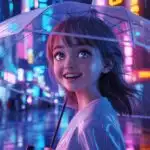Anime Girl Holding Umbrella in Neon Street