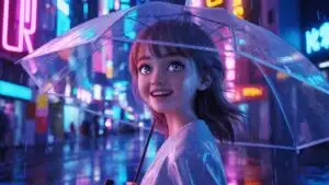 Anime Girl Holding Umbrella in Neon Street