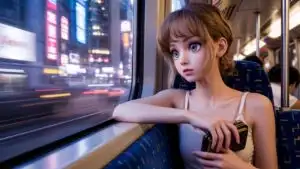 Anime Girl Looking Through Train Window at Night