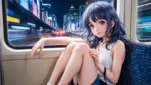 Anime Girl on Night Train With Neon City Lights