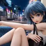 Anime Girl Sitting on Train at Night With City Motion Blur