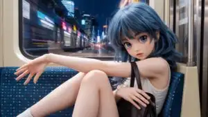 Anime Girl Sitting on Train at Night With City Motion Blur