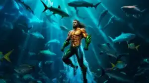 Aquaman Rising Through Bioluminescent Waters