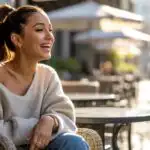 Ariana Grande Laughing at a Coffee Terrace
