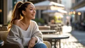 Ariana Grande Laughing at a Coffee Terrace