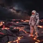 Astronaut Standing in Front of Lava-like Planet Surface