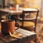 Autumn Cafe Table With Warm Coffee and Leaves