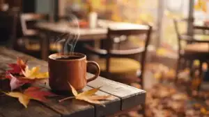 Autumn Cafe Table With Warm Coffee and Leaves