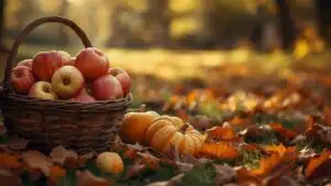 Autumn Harvest Basket With Apples and Pumpkins