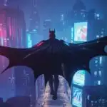 Batman Gliding Over Cyberpunk Gotham