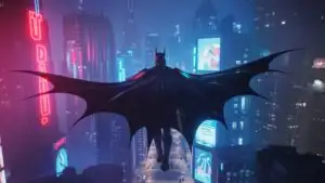 Batman Gliding Over Cyberpunk Gotham