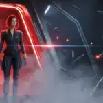 Black Widow Standing in Tech Facility Smoke