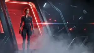 Black Widow Standing in Tech Facility Smoke