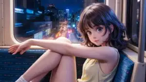 Cinematic Anime Girl Watching City Lights From Train Window