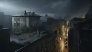 City Rooftop in Rainy Fog