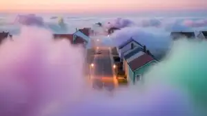 Cotton Candy Fog Covering Quiet Street