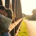 Couple Holding Each Other on a Wooden Bridge