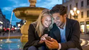 Couple Sitting by Fountain in Evening