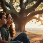 Couple Sitting Close Under a Big Tree