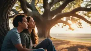 Couple Sitting Close Under a Big Tree