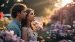 Couple Standing Close in a Flower Garden