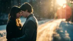 Couple Standing Together on a Snowy Path