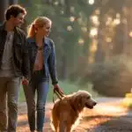 Couple Walking Their Dog on a Quiet Trail