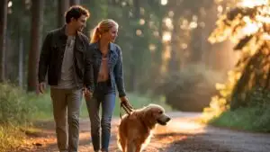 Couple Walking Their Dog on a Quiet Trail
