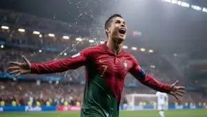 Cristiano Ronaldo Celebrating a Goal in Heavy Rain