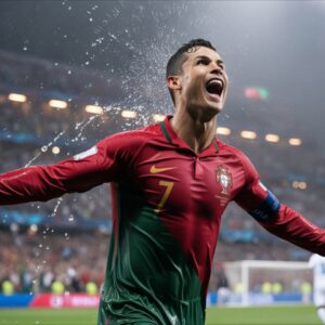 Cristiano Ronaldo Celebrating a Goal in Heavy Rain
