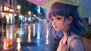 Cute Anime Girl Walking Under the Rain
