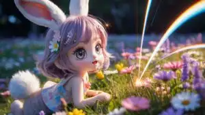 Cute Bunny Girl In Flower Meadow
