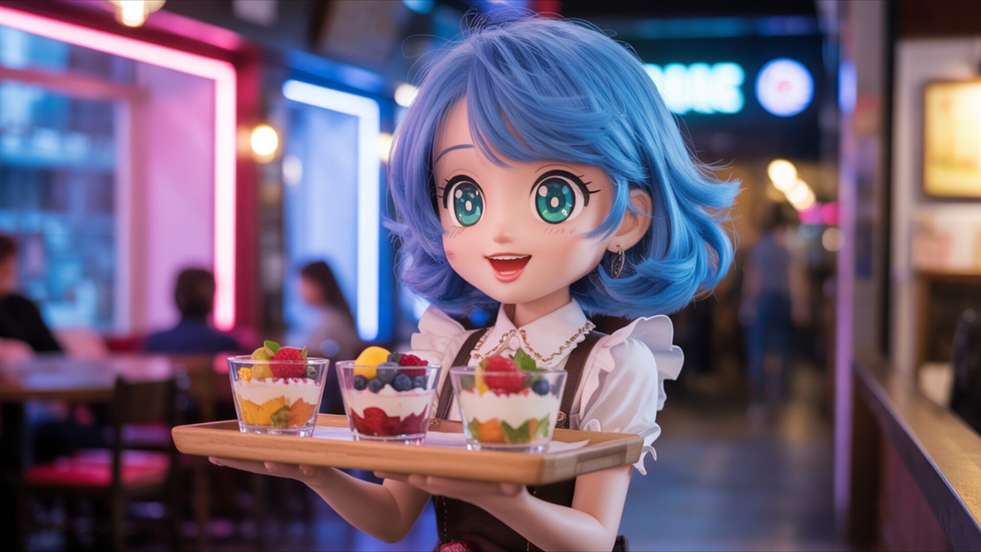 cute cafe girl serving parfait wallpaper, anime, anime, café, cute, food, girl, kawaii, parfait, desktop, mobile, background